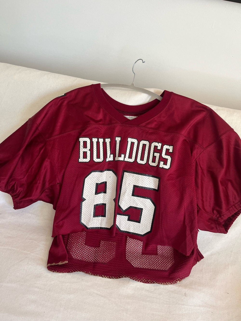 men’s VINTAGE FOOTBALL JERSEY BULLDOGS cropped cut raw edge gold fabric paint